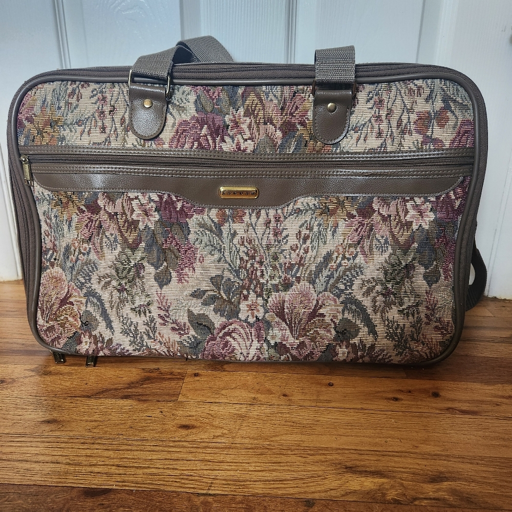 Vintage Carpet Bag Jaguar Brown Travel Bag Floral Carry On Tapestry